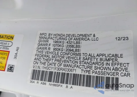 2024 Honda Accord Ex from USA, damaged, VIN 1HGCY1F30RA030671